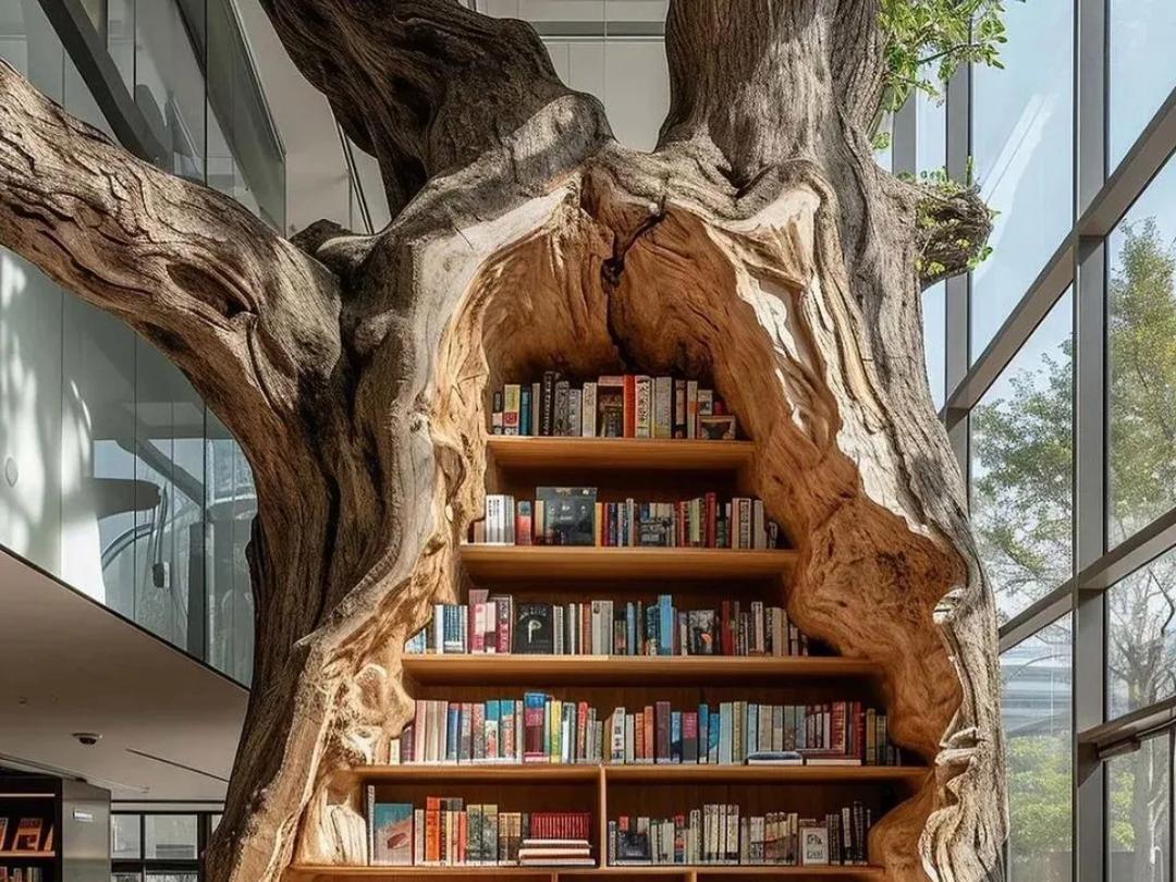 Unique library design with artificial oak tree